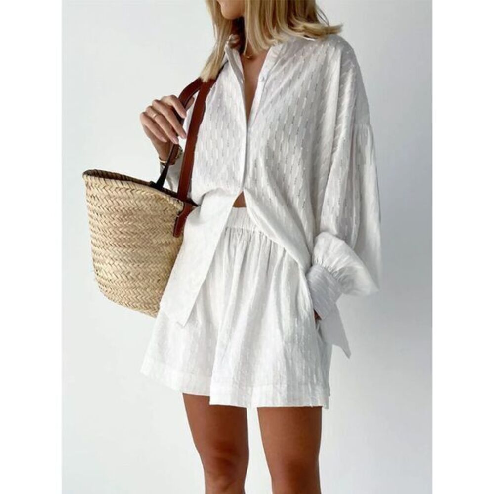 Commense White Textured Oversized Beach Shirt and Shorts‎ Set Summer Vacation XS